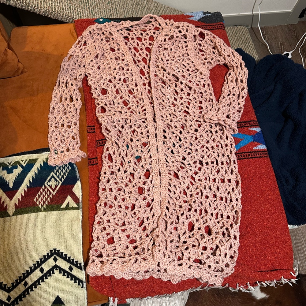 Hand Crocheted 3/4 Sleeve Long Cardigan